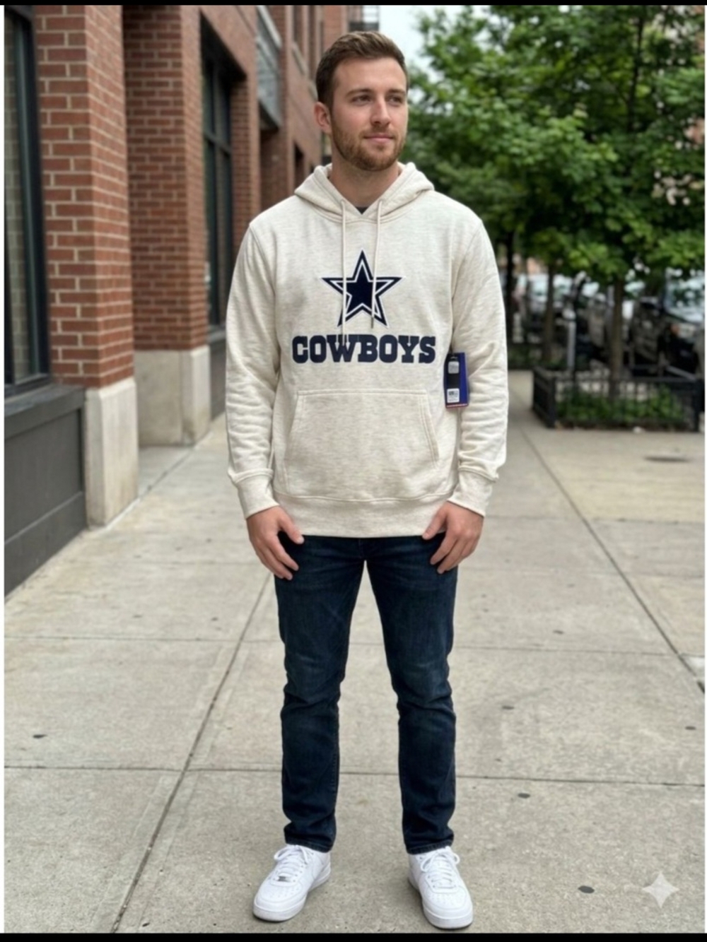 NFL Cowboys Cream Hooded Pullover with Navy Logo. Size S